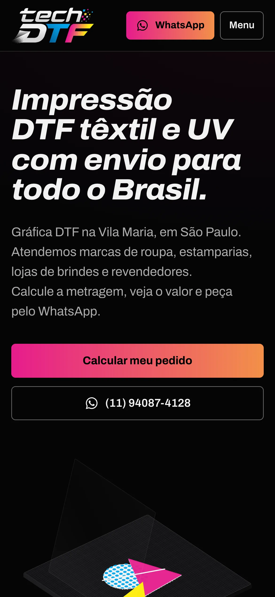 Topo do site da Tech DTF no celular