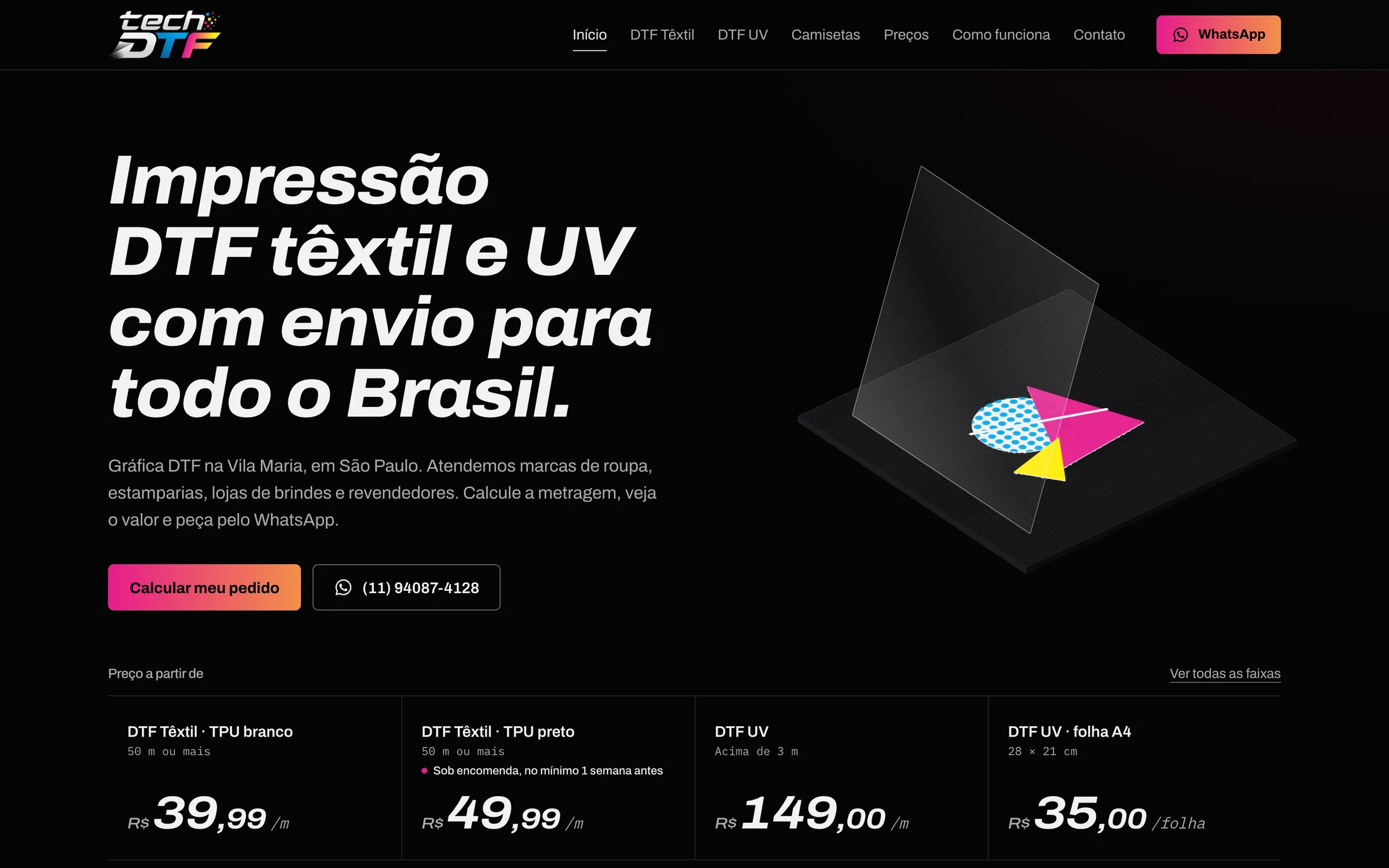 Topo do site da Tech DTF em computador: “Impressão DTF têxtil e UV com envio para todo o Brasil” sobre fundo preto, com as camadas do DTF em 3D e os preços “a partir de”